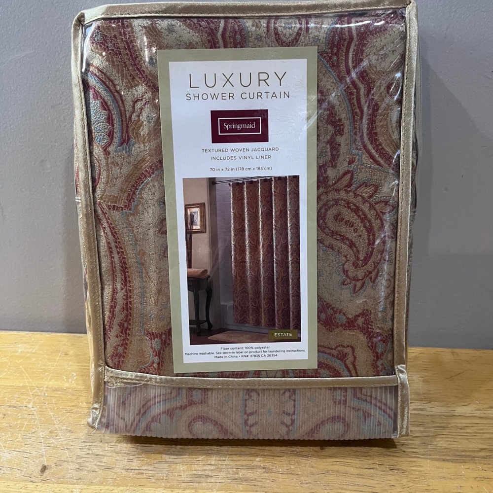 Springmaid Estate Luxury Shower Curtain Paisley Jacquard Gold Burgundy 70x72 NEW